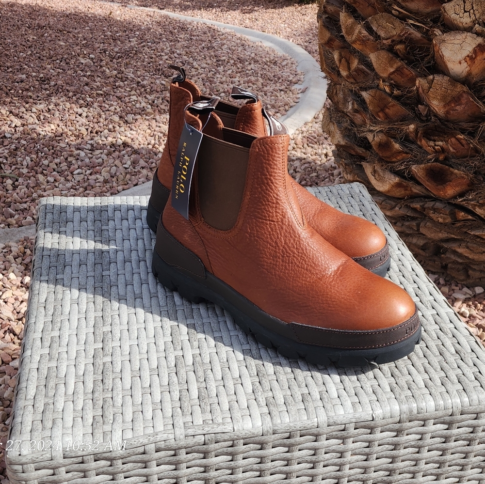 Ends Today New Polo Ralph Lauren Oslo Chelsea Boots Men 10D Brown Peanut Leather